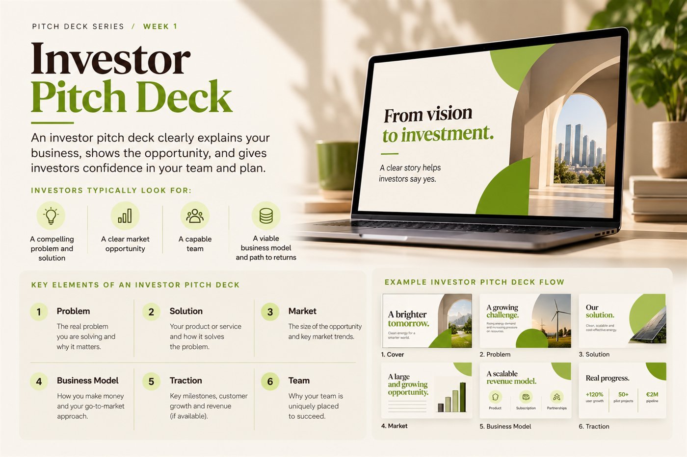 Investor pitch deck: what investors typically look for (a compelling problem and solution, a clear market opportunity, a capable team, a viable business model and path to returns), the six key elements from problem to team, and an example investor pitch deck flow.