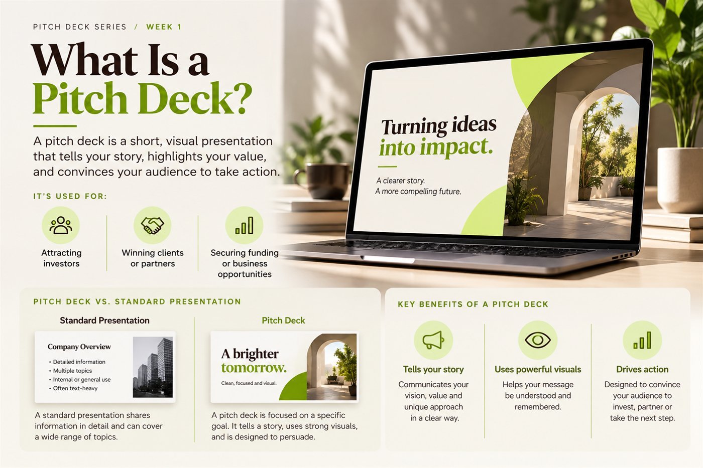 What is a pitch deck: a short, visual presentation that tells your story, highlights your value and convinces your audience to take action. Used for attracting investors, winning clients or partners, and securing funding. Pitch deck versus standard presentation, and three key benefits: tells your story, uses powerful visuals, drives action.