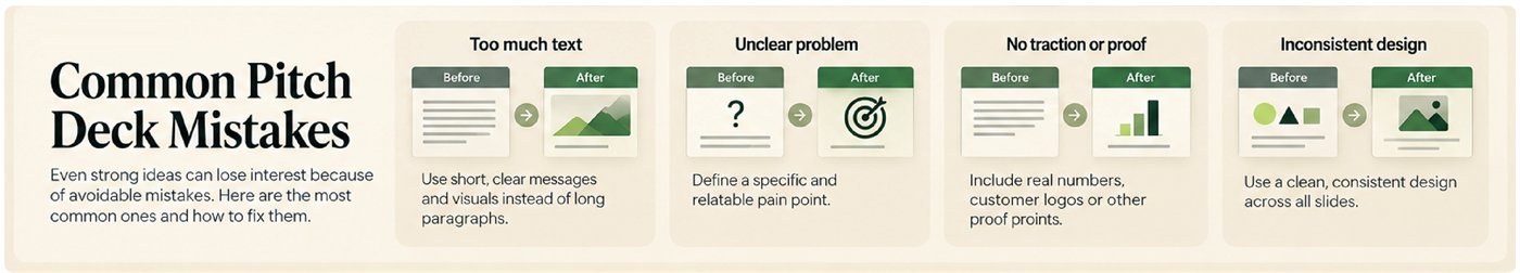Common pitch deck mistakes, before and after: too much text (use short, clear messages and visuals), unclear problem (define a specific, relatable pain point), no traction or proof (include real numbers, customer logos or other proof points), inconsistent design (use a clean, consistent design across all slides).