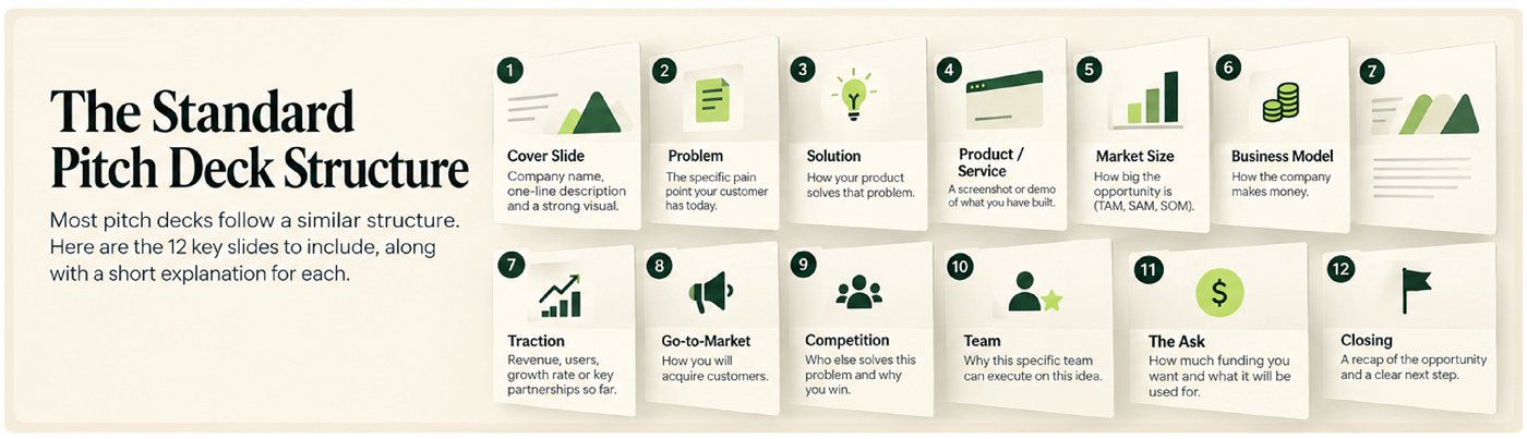 The standard pitch deck structure: 12 key slides. Cover, problem, solution, product or service, market size, business model, traction, go-to-market, competition, team, the ask and closing, each with a one-line explanation.