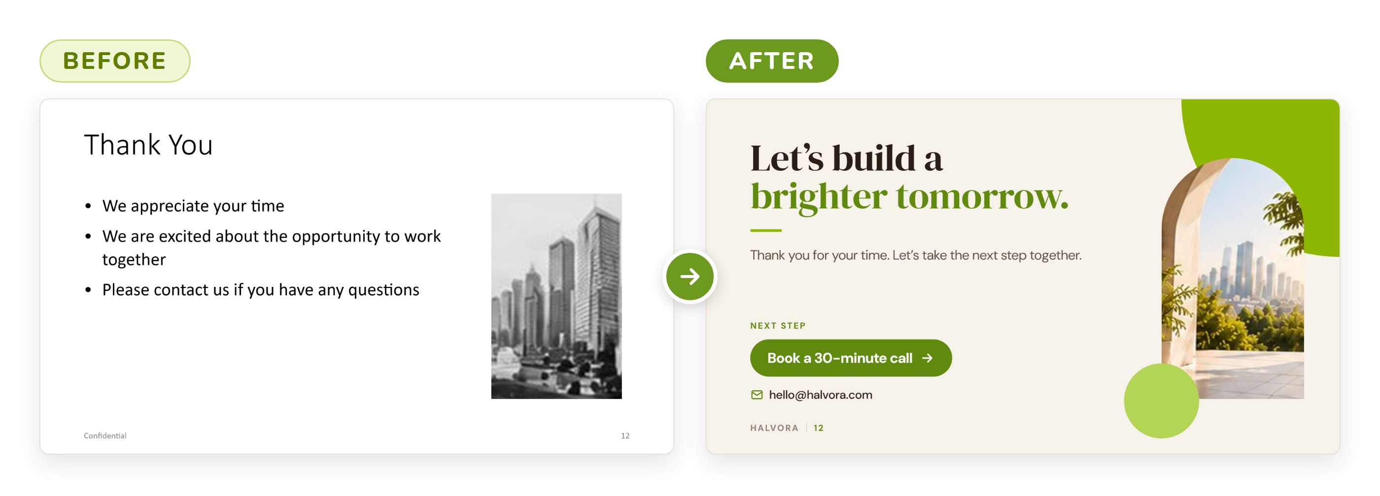 Closing slide, before and after. Before: the title Thank You over three bullet points and a grey stock photo. After: the forward-looking headline Let's build a brighter tomorrow, an arched photo of a city terrace and a clear call to action: Book a 30-minute call.