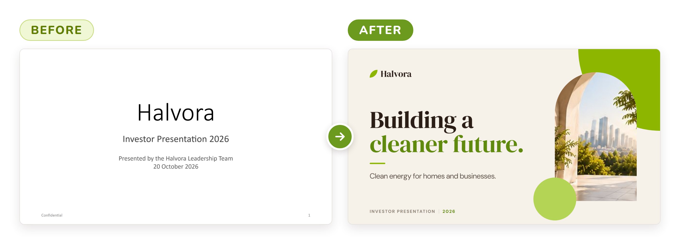 Cover slide, before and after. Before: the company name Halvora as a plain centred title, the subtitle Investor Presentation 2026 and a presenter and date line. After: the company name, the headline Building a cleaner future, one positioning line and an arched photo.