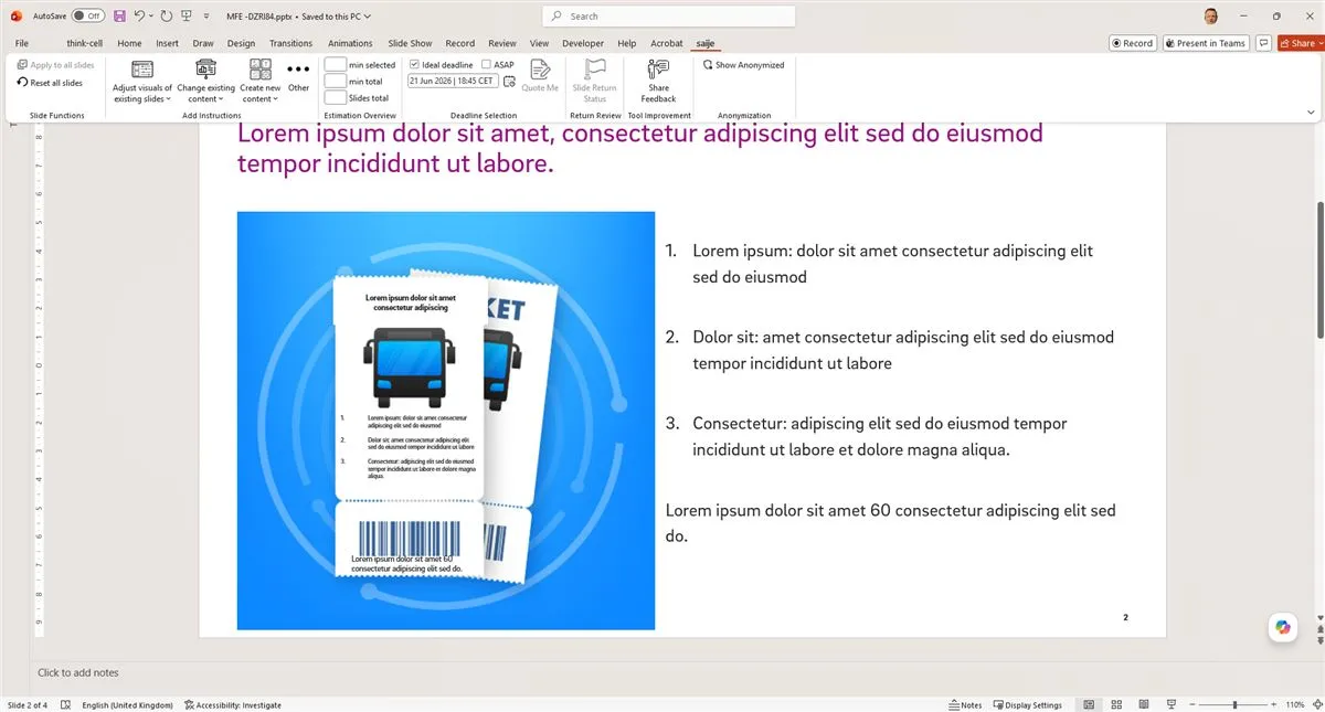 Step 2: the Saije tab in the PowerPoint ribbon, with instructions, estimate and deadline tools