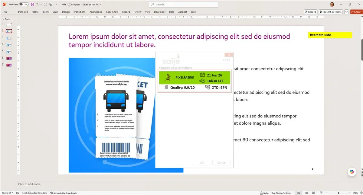 Step 5: Saije confirms PixelFaerie as provider with a delivery date, quality score and on-time rate