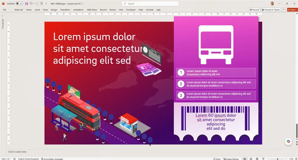 Step 7: the finished slide redesigned by PixelFaerie with an isometric bus illustration and clear numbered points